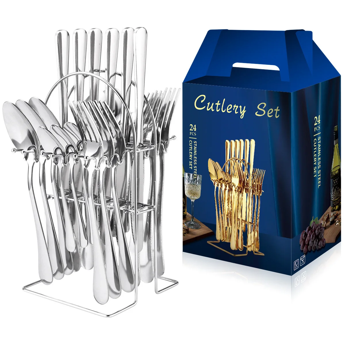 Hot Selling Wedding Cutlery Set Stainless Steel Knife Spoon Fork Silverware 24Pcs Gold Cutlery Set