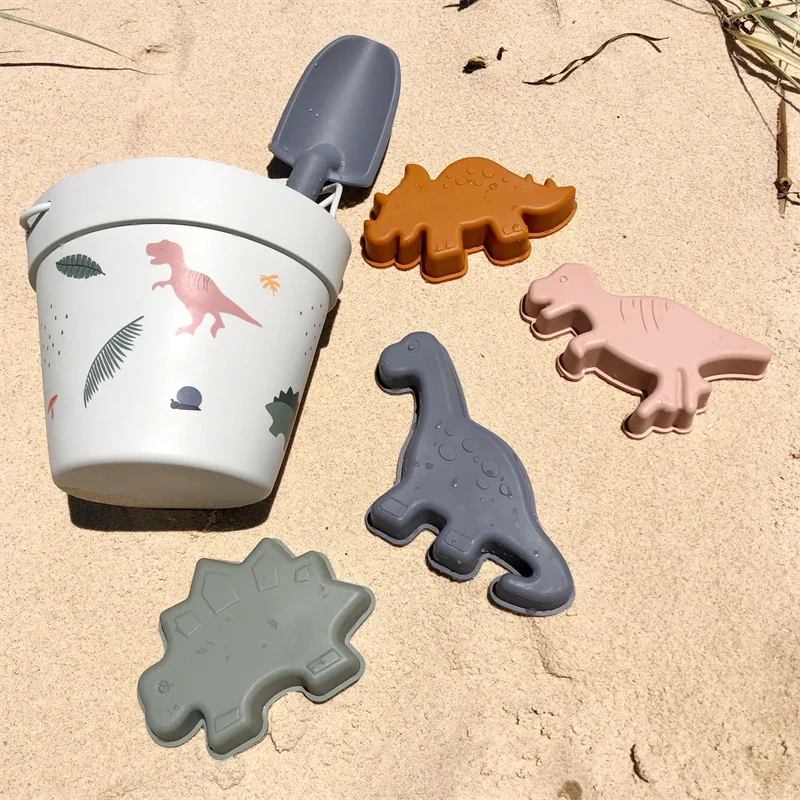 Wholesale Custom Logo Summer Sand Bucket Beach Baby Toys Set Dinosaur Shape Eco Soft Silicone Game Play for Kids DIY