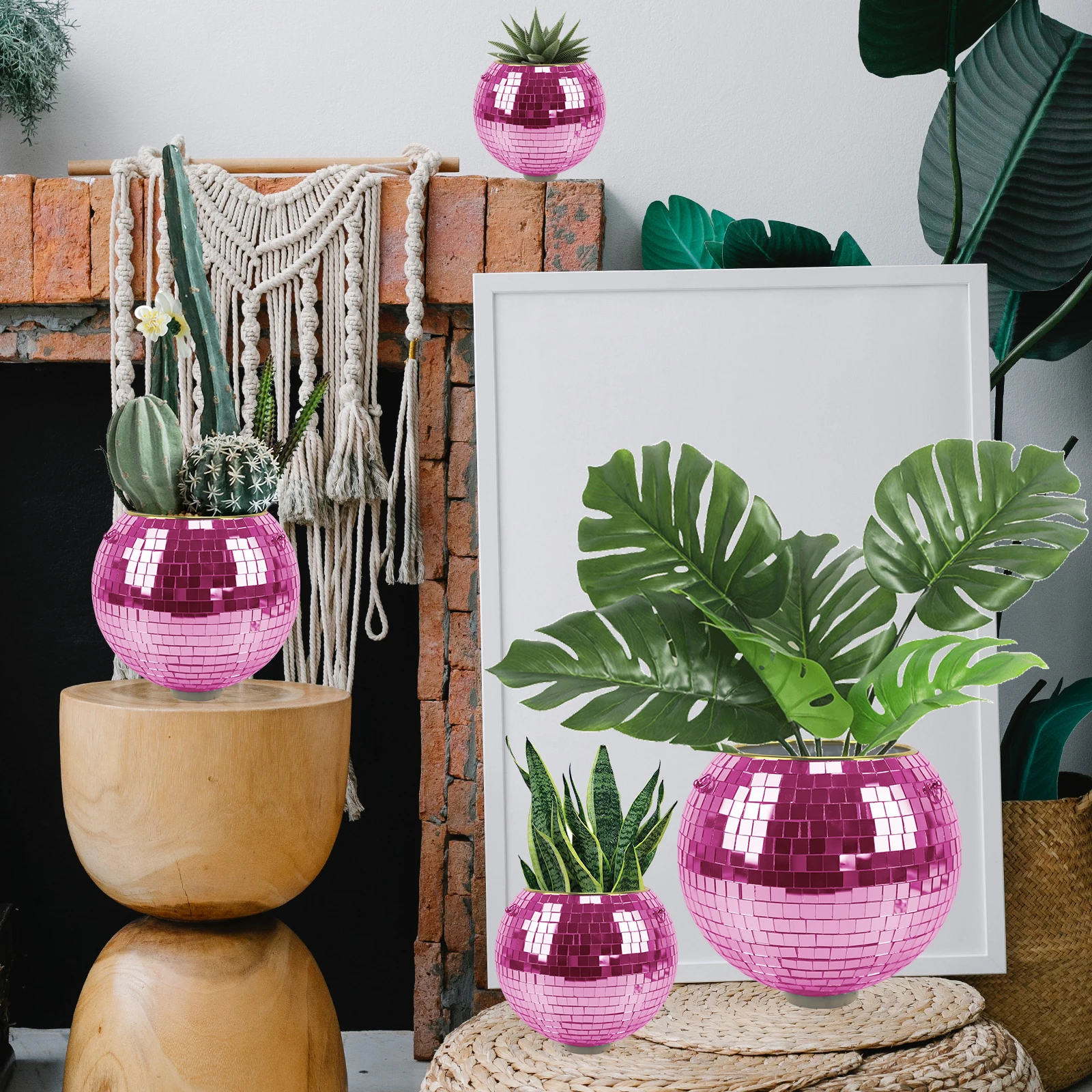 Pink Hanging Disco Ball Planter Pot Holder With Hook for indoor and outdoor