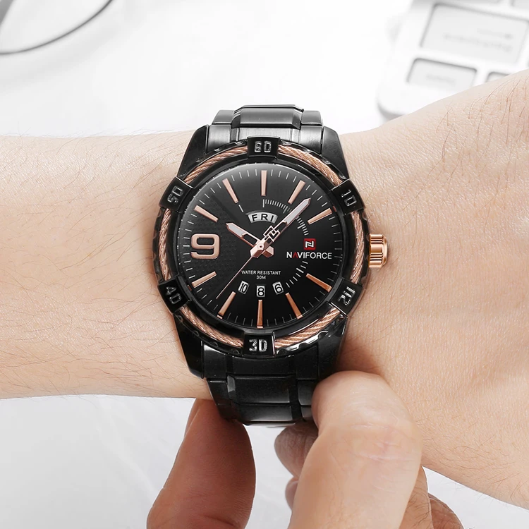 NAVIFORCE 9117S Fashion Men Watch Elegant Stainless Steel Wire Bezel Men Sports Watch Waterproof