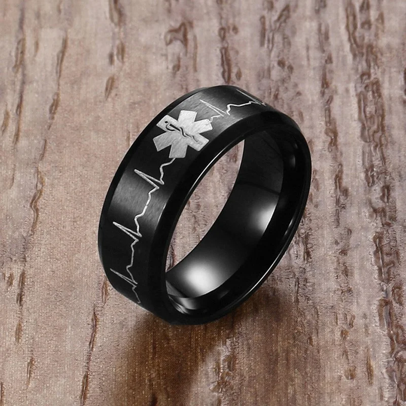 Yiwu Meise Identification Rings for Men Jewelry Punk Black 8MM Stainless Steel  Medical Ring