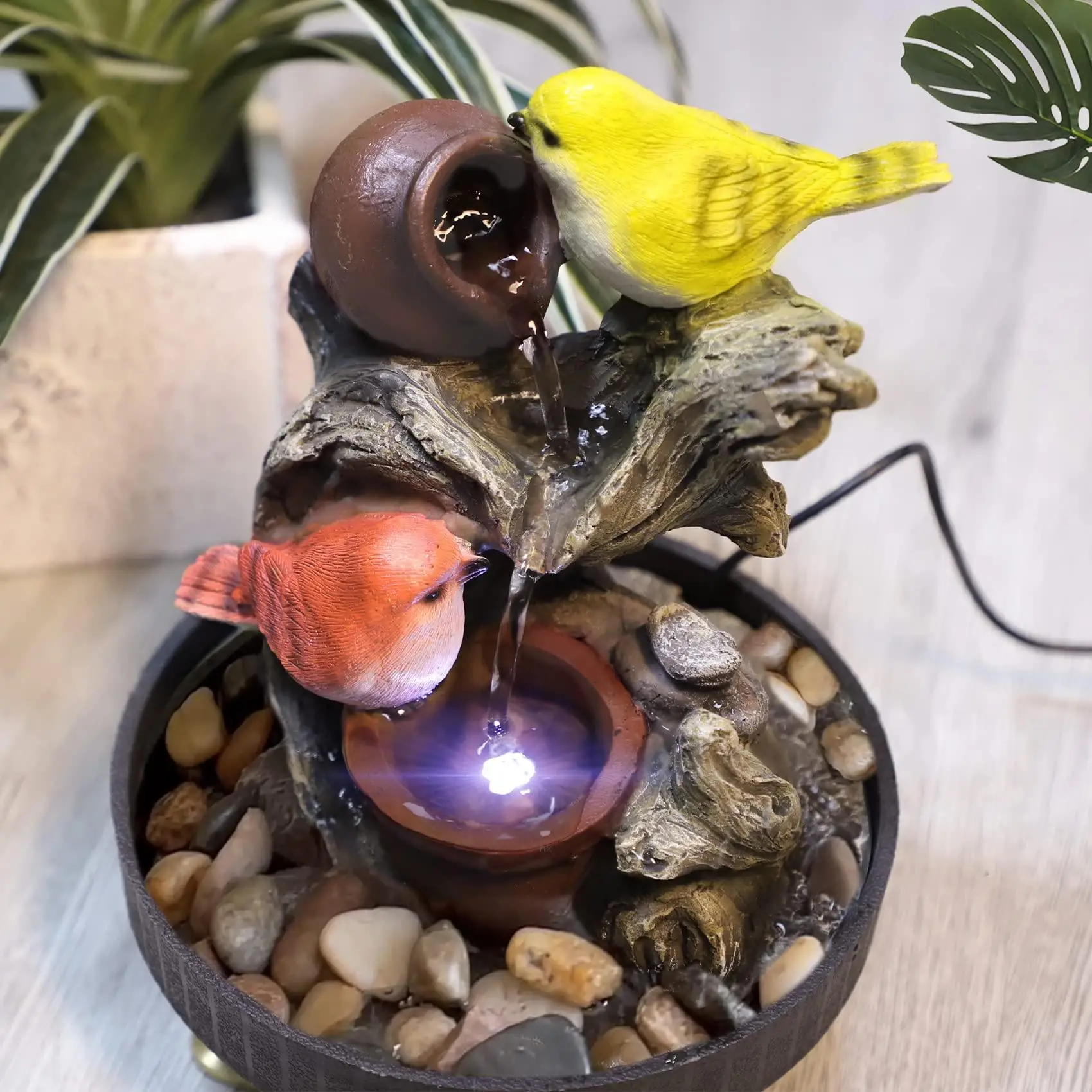 Hot Sale Direct Yellow Bird Polyresin Fountain Flowing Water Makes Money Furnishings Mini Desktop Fountain For Factory