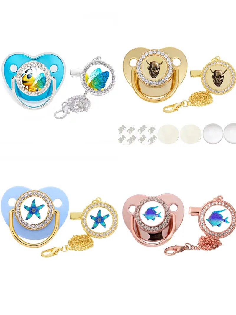 Dollbling Personalize Golden Bee Blue Wing Gold Chain Round Dummy Weaning Pacifier for Baby Shower