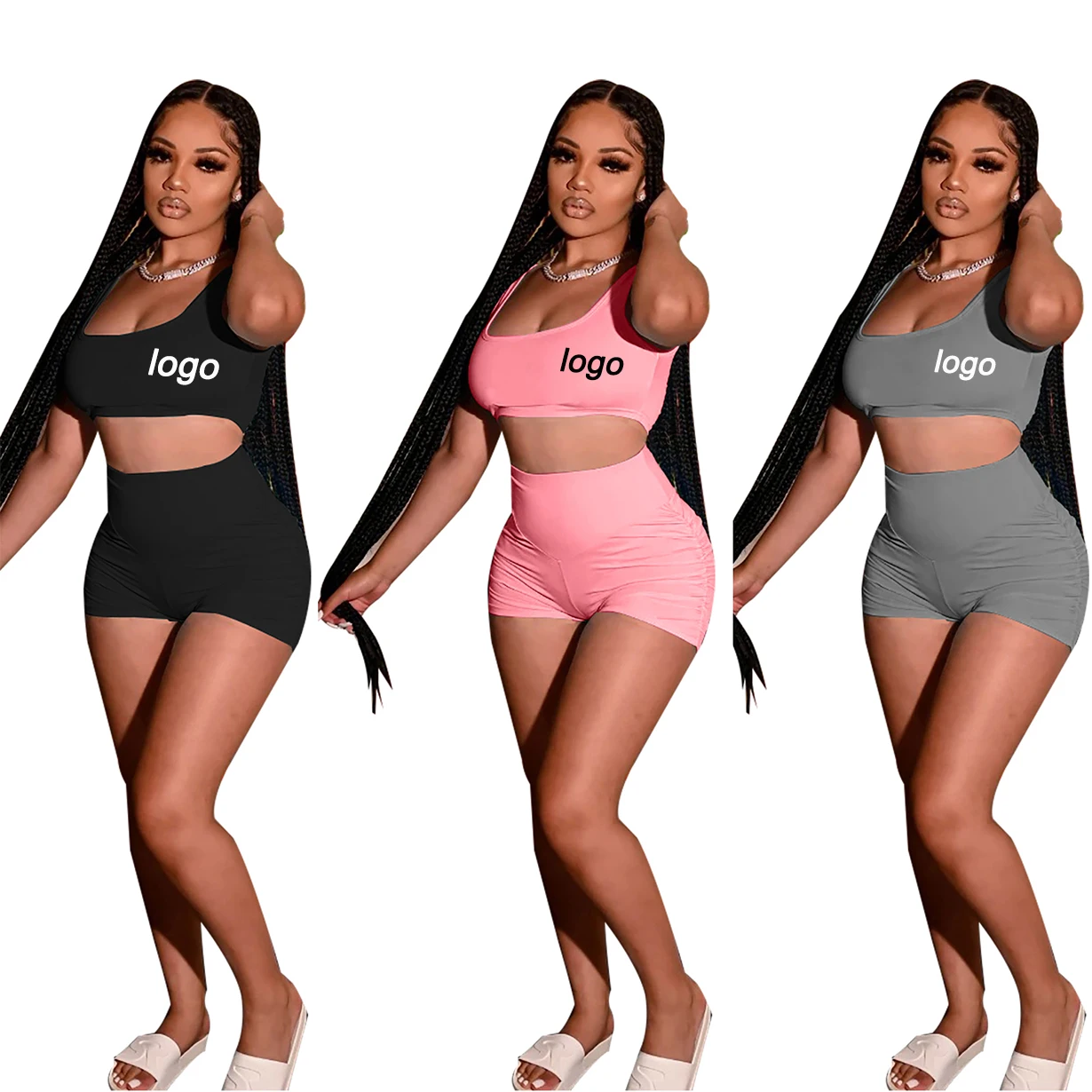 2022 Summer Sexy Custom Training Fitness Backless Sleeveless Halter Tank Crop Top Sweat Track Suit Women 2 Piece Short Set