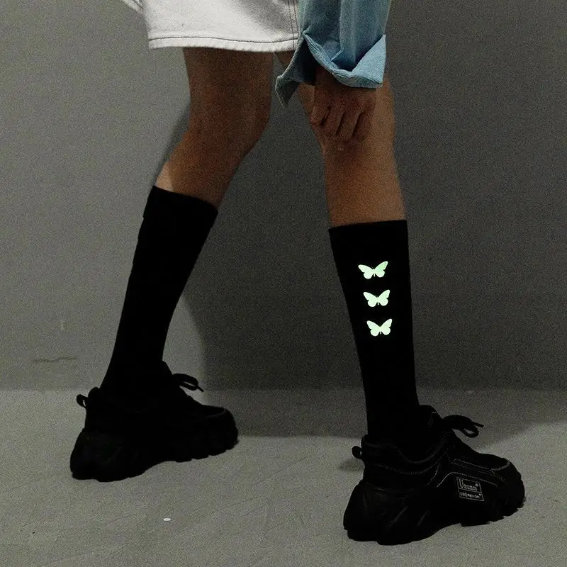 
custom digital print fashion socks ladies plain black tube butterfly socks long reflective socks 