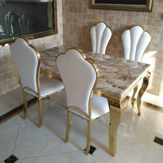 wholesale luxury hotel restaurant table and chairs stainless steel metal furniture sets