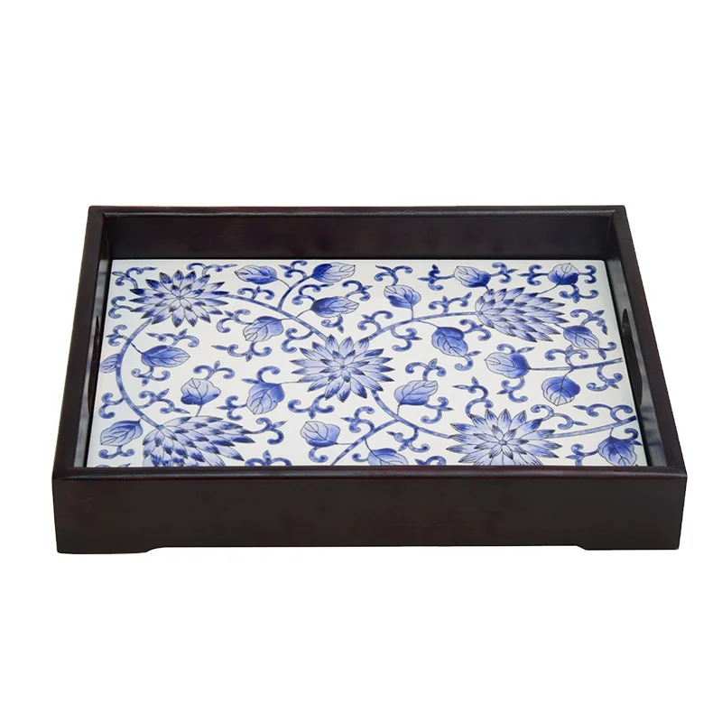 
Retro Chinese senior hotel decorations ceramic wood tray 