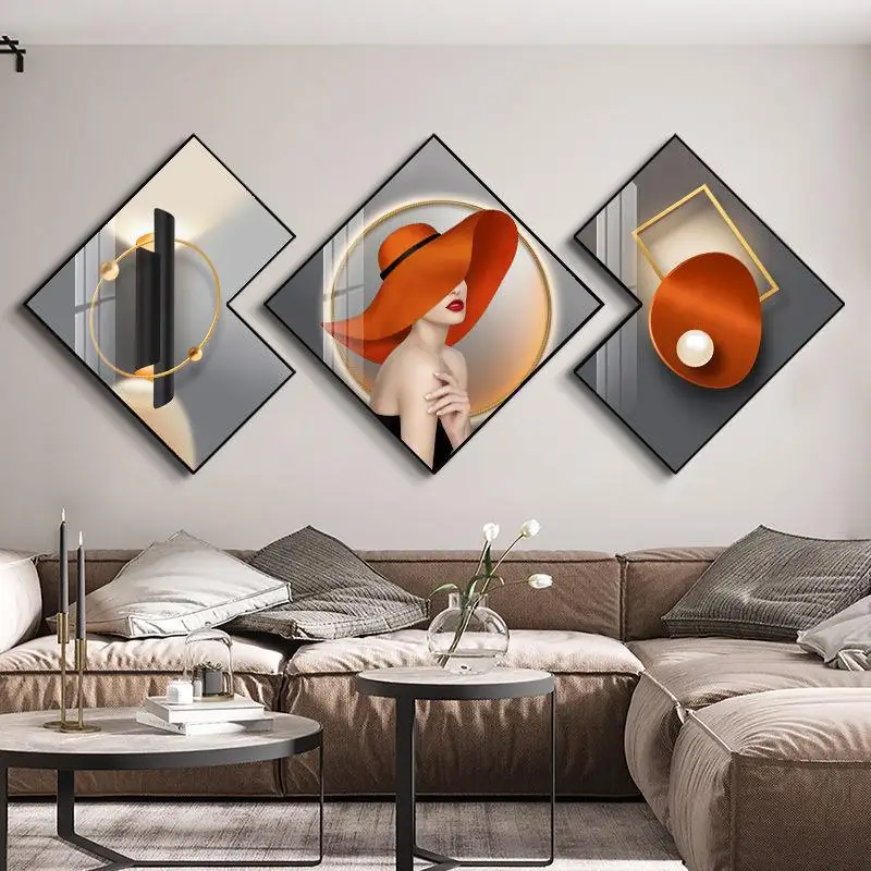 Living Room Diamond Shaped Modern Luxury Creative Restaurant Decoration Frames Picture Crystal Porcelain Painting Wall Art