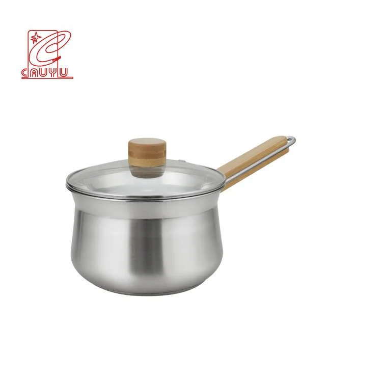 201 stainless steel milk pot 16cm wooden handle customized logo restaurant cooking pot for kitchen