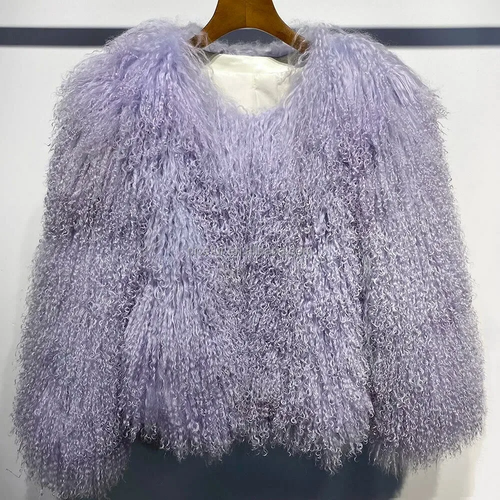 Wholesale Winter Luxury Lamb Fur Jacket Crop Real Mongolian Fur Coats For Women