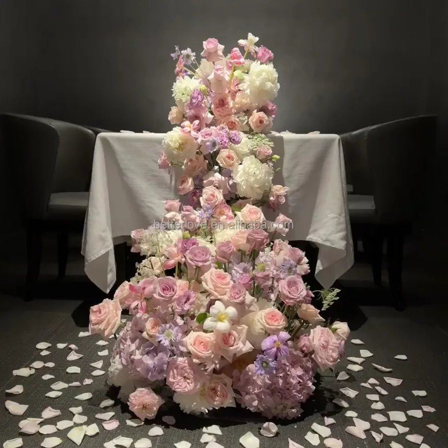 Hot Selling 110CM silk pink rose centerpiece flowers runner for table flower runner cetrepiece wedding