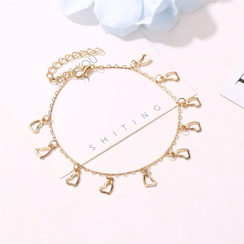 PJ-M042 IN STOCK Gold Plated Brass Chain Pendant Foot Jewelry Summer Beach Love Heart Anklet For Women