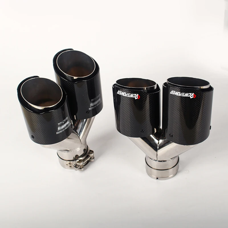 Auto New Straight cut Exhaust car tip Dual outlet Glossy Carbon Fiber Exhaust Muffler end exhaust pipe Y double pipe