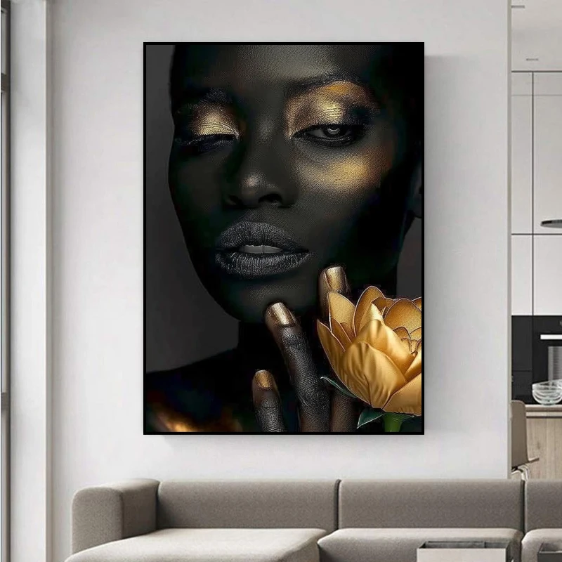 Home Decor HD Print African Black Woman Golden Flower fashions Posters Pictures Mural Painting for wall decor art