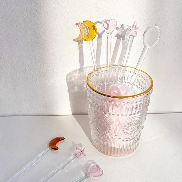 Handmade lovely pink Heart,star,moon,flower shape decorative glass drink stir swizzle sticks frozen drink cocktail bar stirrer