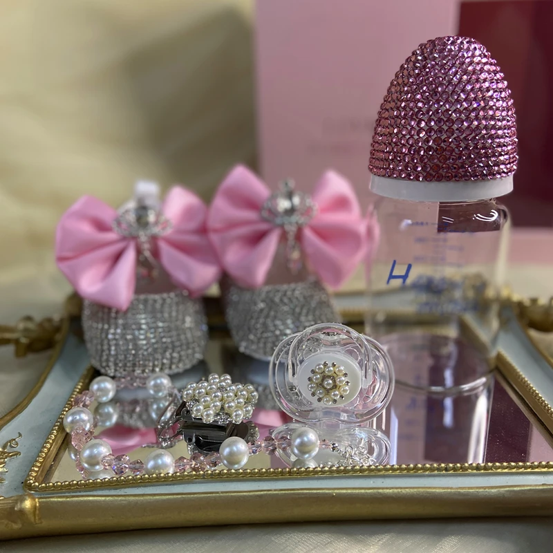 Dollbling Design Crystal Pacifier Bottle Rhinestone Cute Bling Baby Headband Shoes for Luxury Dubai Baby Shower Gift Set