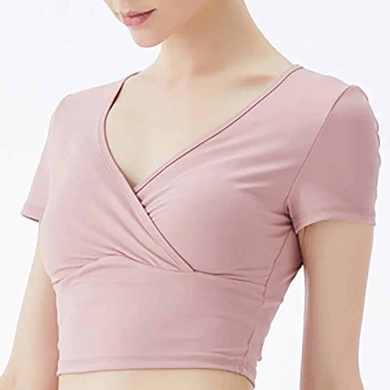 
New sexy cross deep V neck yoga clothing running short T-shirt with chest pad women fitness short shirt 