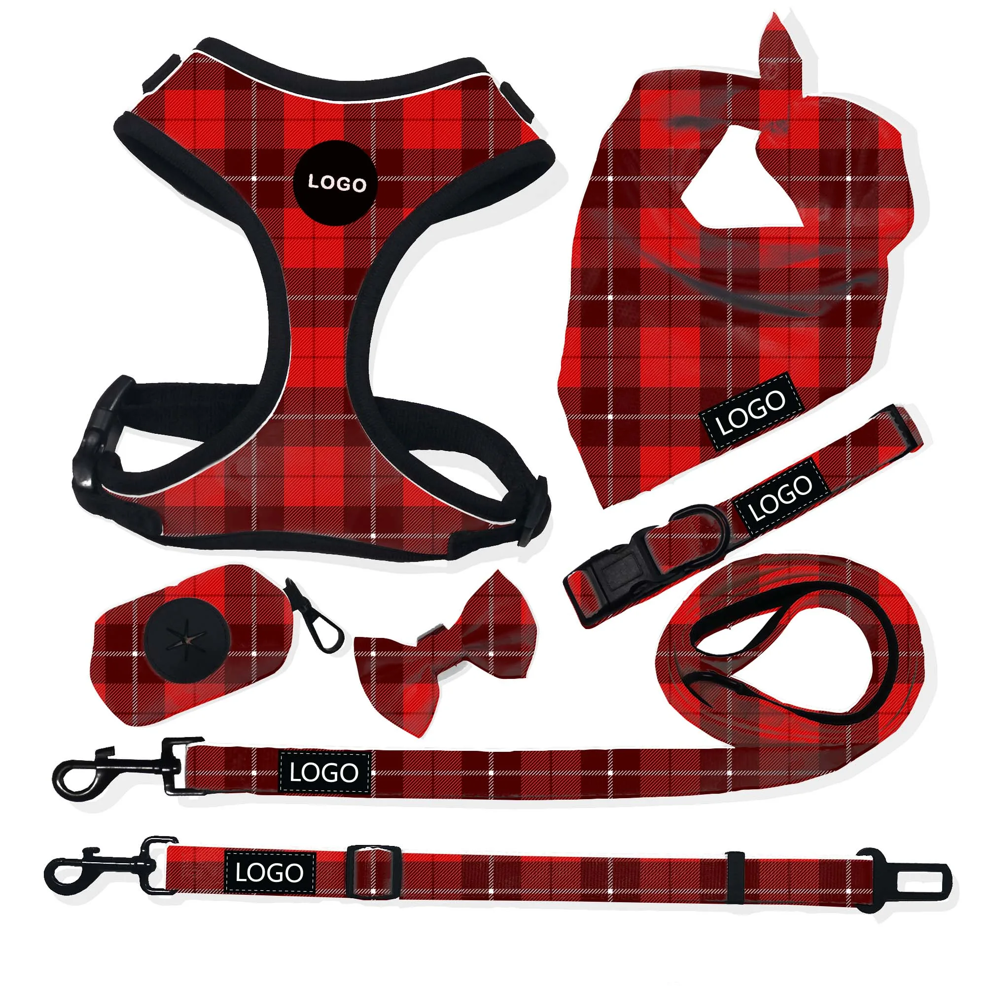 Wholesale Dog Walk Neoprene Dog Harness Set Breathable Mesh Soft Padded Dogs Chest with D Rings Pet Accessories Christmas Custom