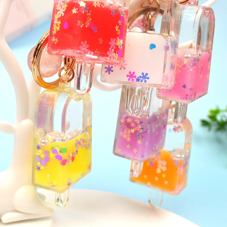 New cute key chain ring creative filled liquid oil Quicksand popsicles keychain car key ring