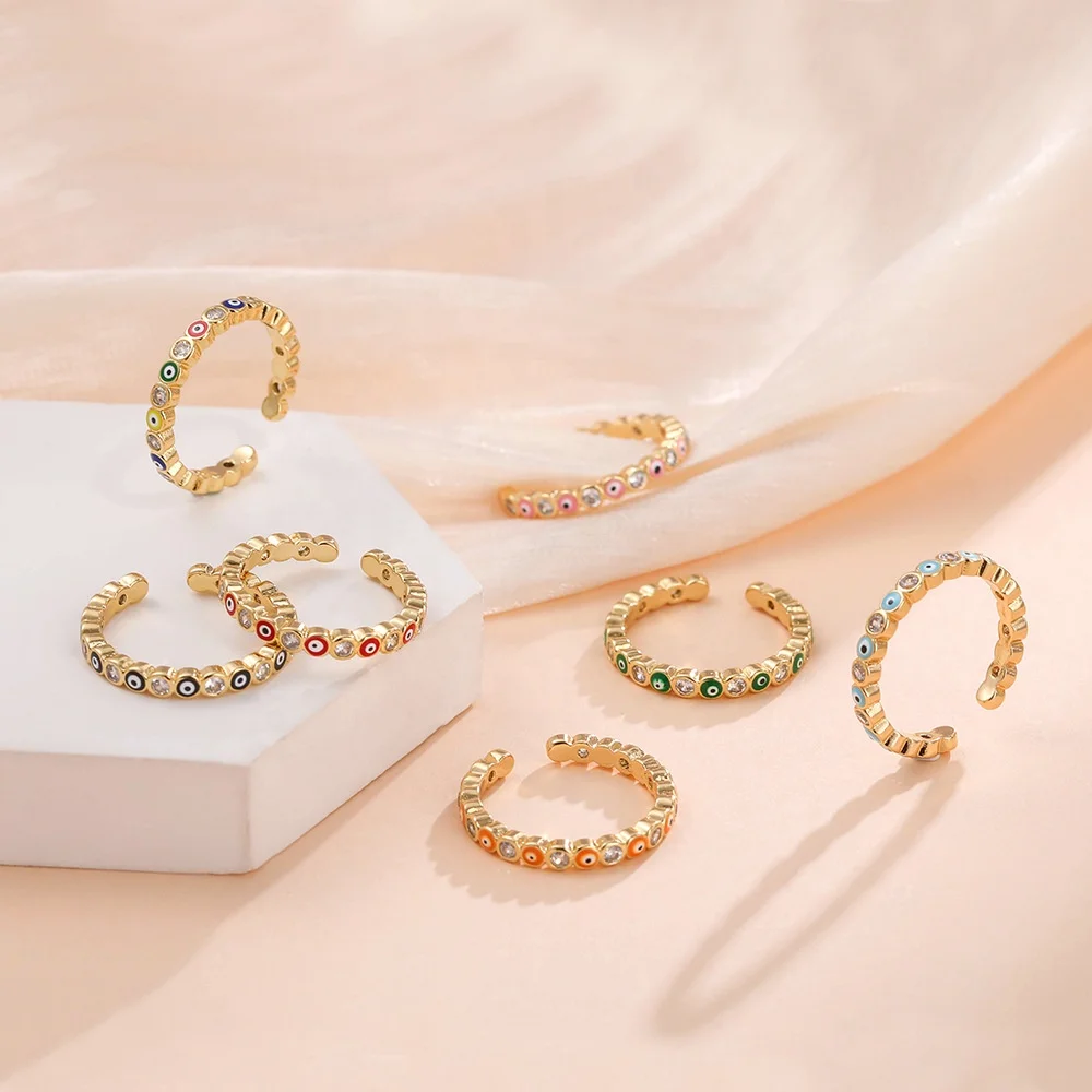 Gold Colorful Enamel Evil Eye Adjustable Ring Turkish Blue Eyes Waterproof Stackable 18K Plated Open Rings Jewelry Gift Women