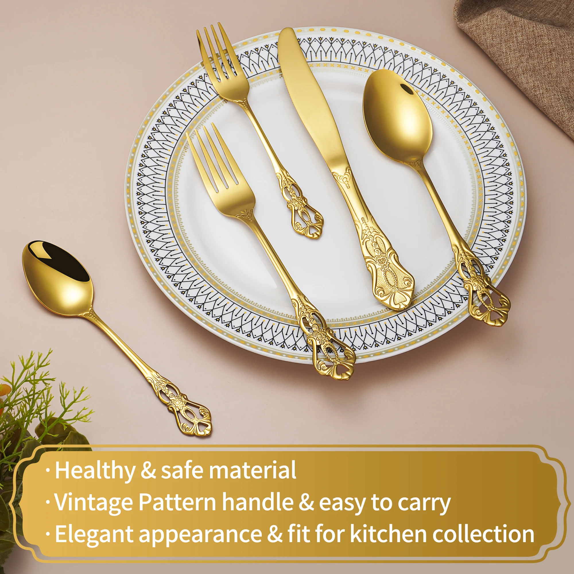 Elegant Vintage Silverware Stainless Steel Flatware Mirror Polish Spoon Fork Knife Gold Cutlery Set For Wedding