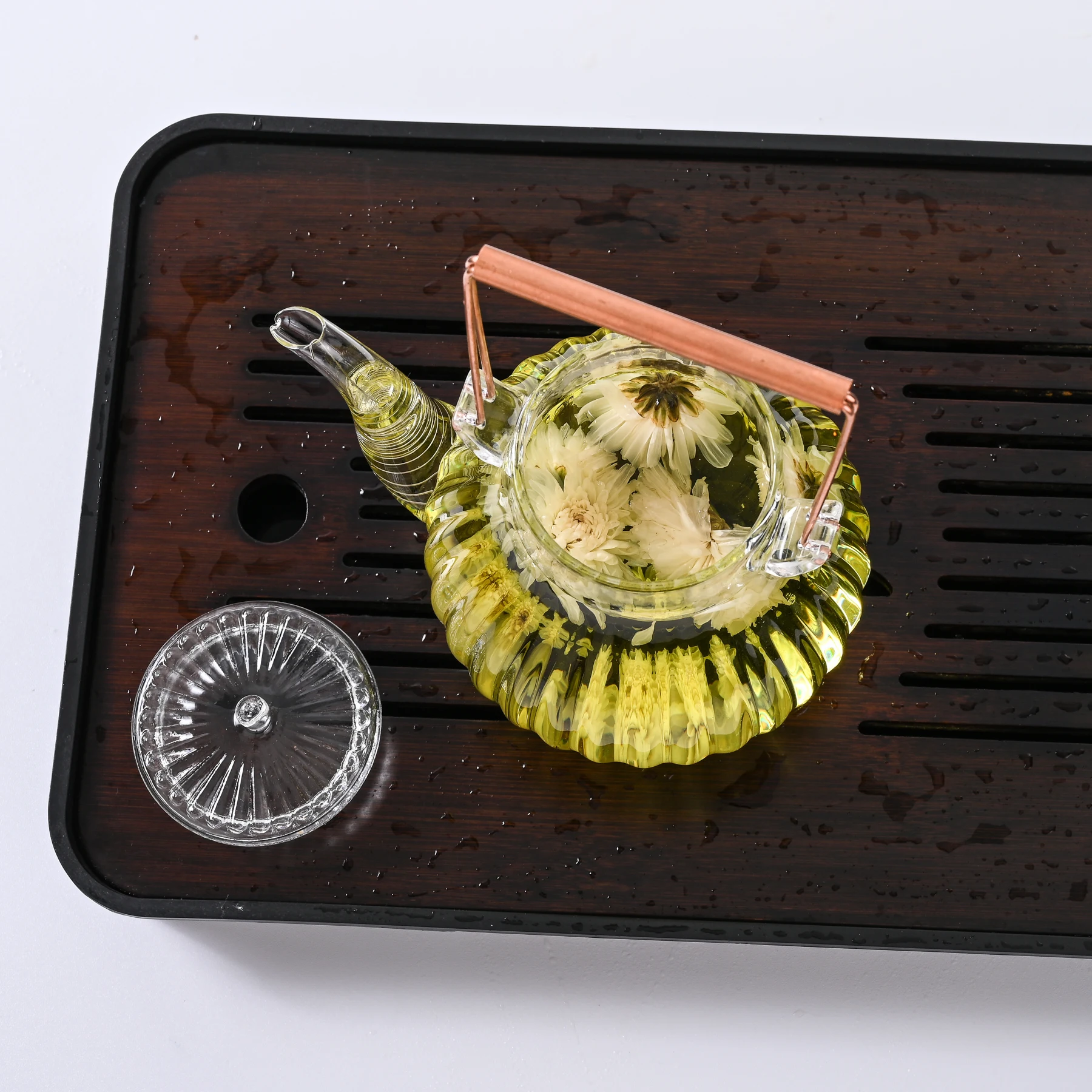 700ml Borosilicate Glass Teapot Heat-resistant Kettle Flower Tea Set Bamboo Handle Teaware Household Office Coffee Bar Supplies