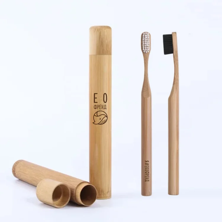 Custom OEM Free laser logo round handle charcoal bristles bamboo Toothbrush pack in bamboo case with customized logo