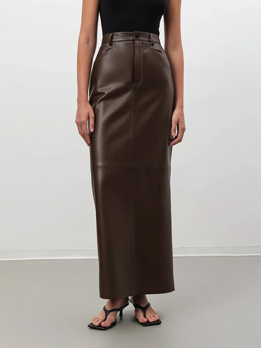 PU Leather Long Skirt Casual Straight Skirts Elegant Sexy High Waist Business Split Maxi Fleece for Women 2 Piece Knitted Custom Logo Clothing