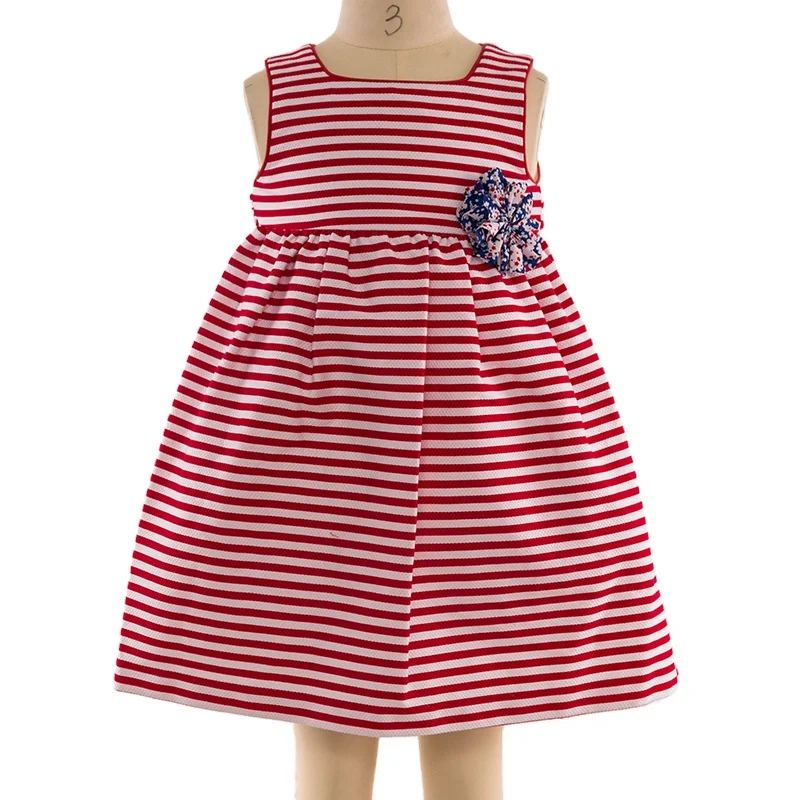 Finalz Wholesale Summer kids woven red and white stripe polyester flowers Sleeveless girls dress