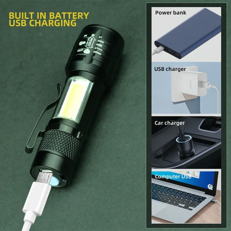 Portable clip on mini aluminum XPE with built-in battery, USB charging, retractable focus flashlight, 2-in-1 COB reading light