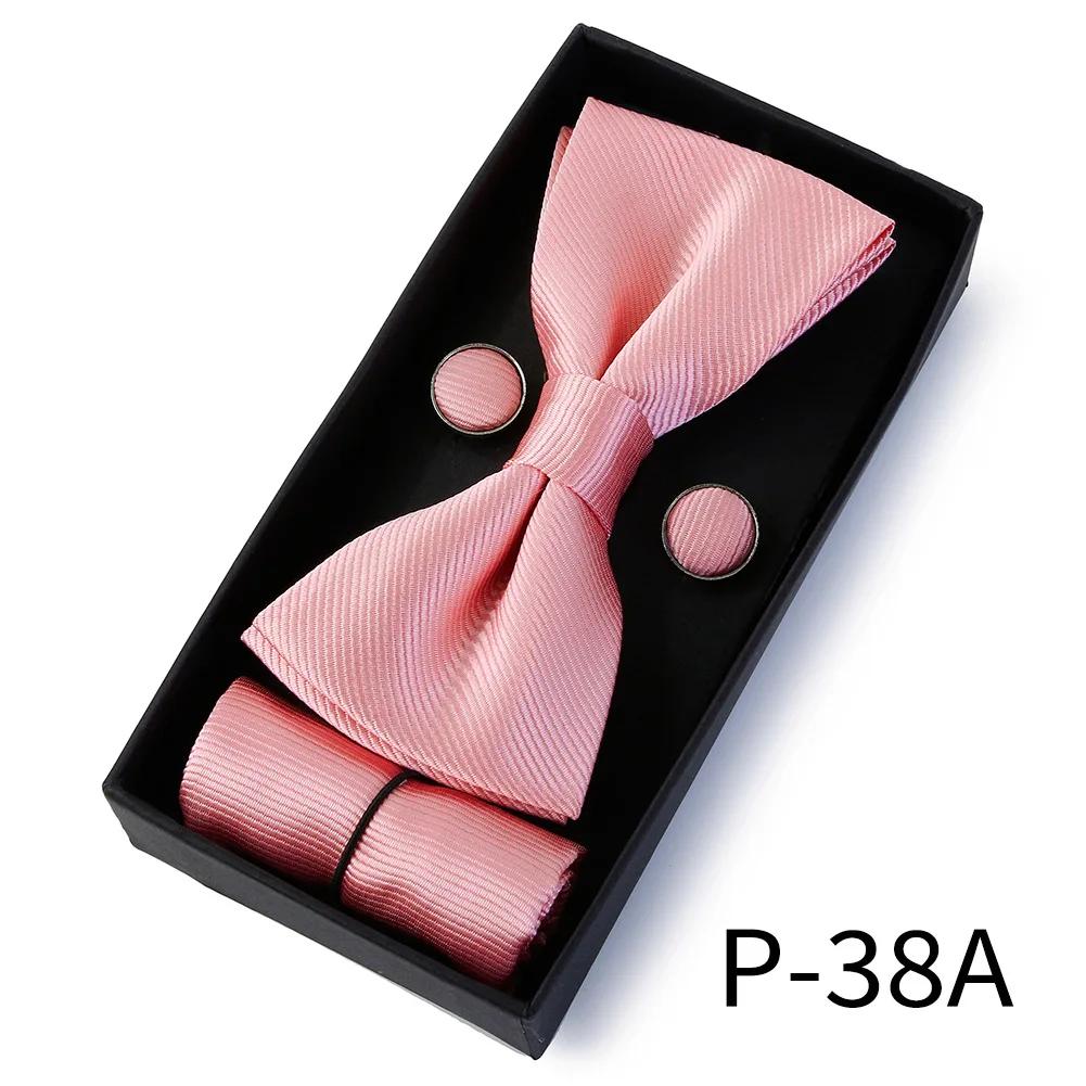 2024 low price Classic business wedding groom black solid color cufflinks pocket square  bow tie set for men gift box