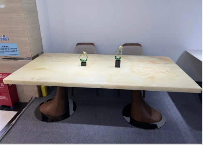 High quality customized size color wood table restaurant furniture wooden tables curved base wooden table