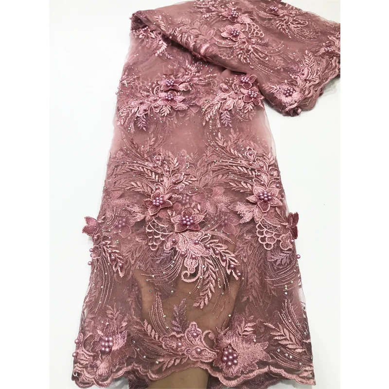 New Arrival Rose Pink 3D Beaded Lace Fabric 3D Embroidered Lace Fabric For African Weddings