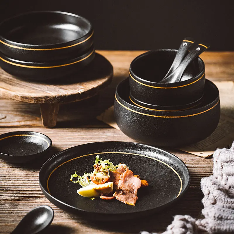 Black Nordic Ceramic Kitchen Dinner Dish Sets Plate Rice Salad Noodles Bowl Soup Plate Set Ceramic Dinnerware Dinner Sets
