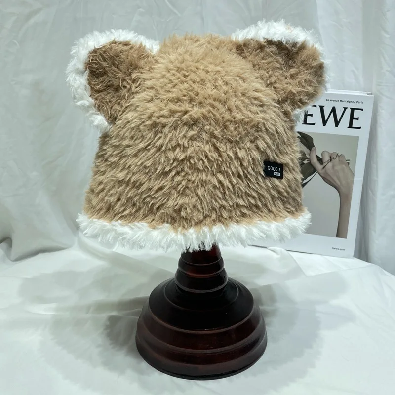 Sweet and Cute Bear Ears Matching Color Fisherman Hat Female Autumn and Winter Fashion Warm Ear Protection Furry Bucket Hat