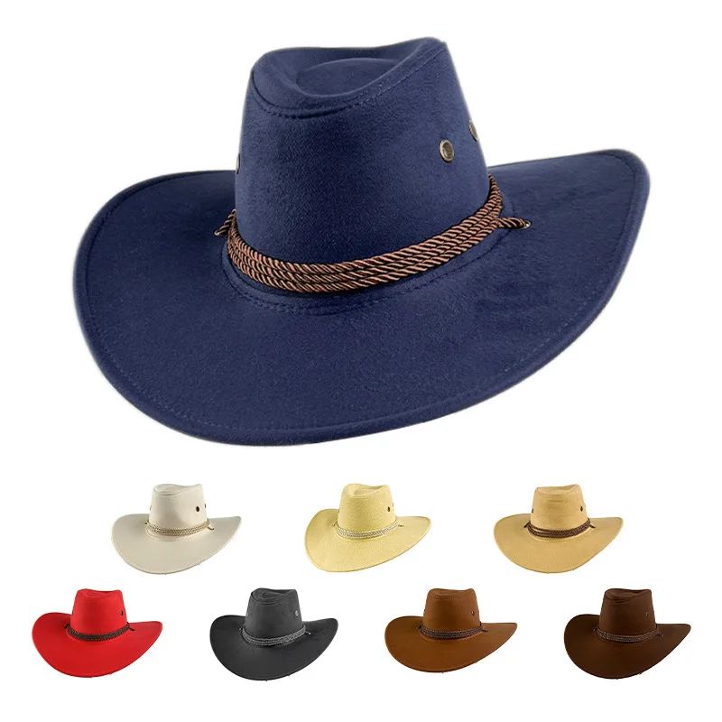 Hot Selling Suede Fabric Solid Color Western Ethnic Style Retro Knight Cowboy Hat Windproof Hat for Outdoor Sports Weardress