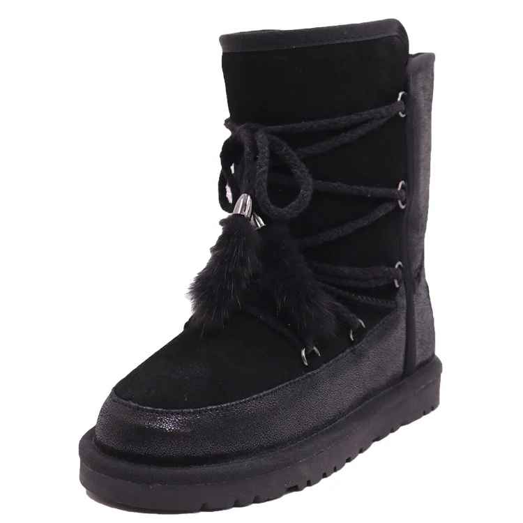 CF-025 Upper Cow Suede And Cow Leather Artificial Wool Lace-up Winter Women Half Snow Boots Shoes With Mink Fur