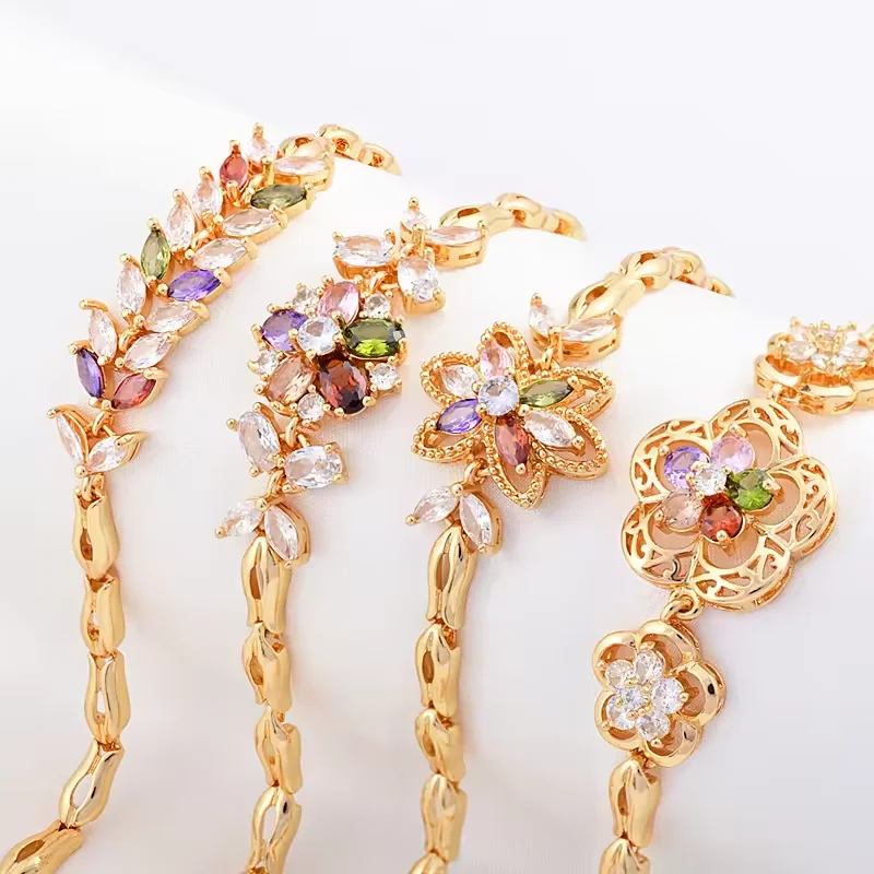Fashion Jewelry Flower Copper Inlaid Colorful Chain Bracelet for Women and Girls Hypoallergenic Link Bracelets as Jewelry Gifts