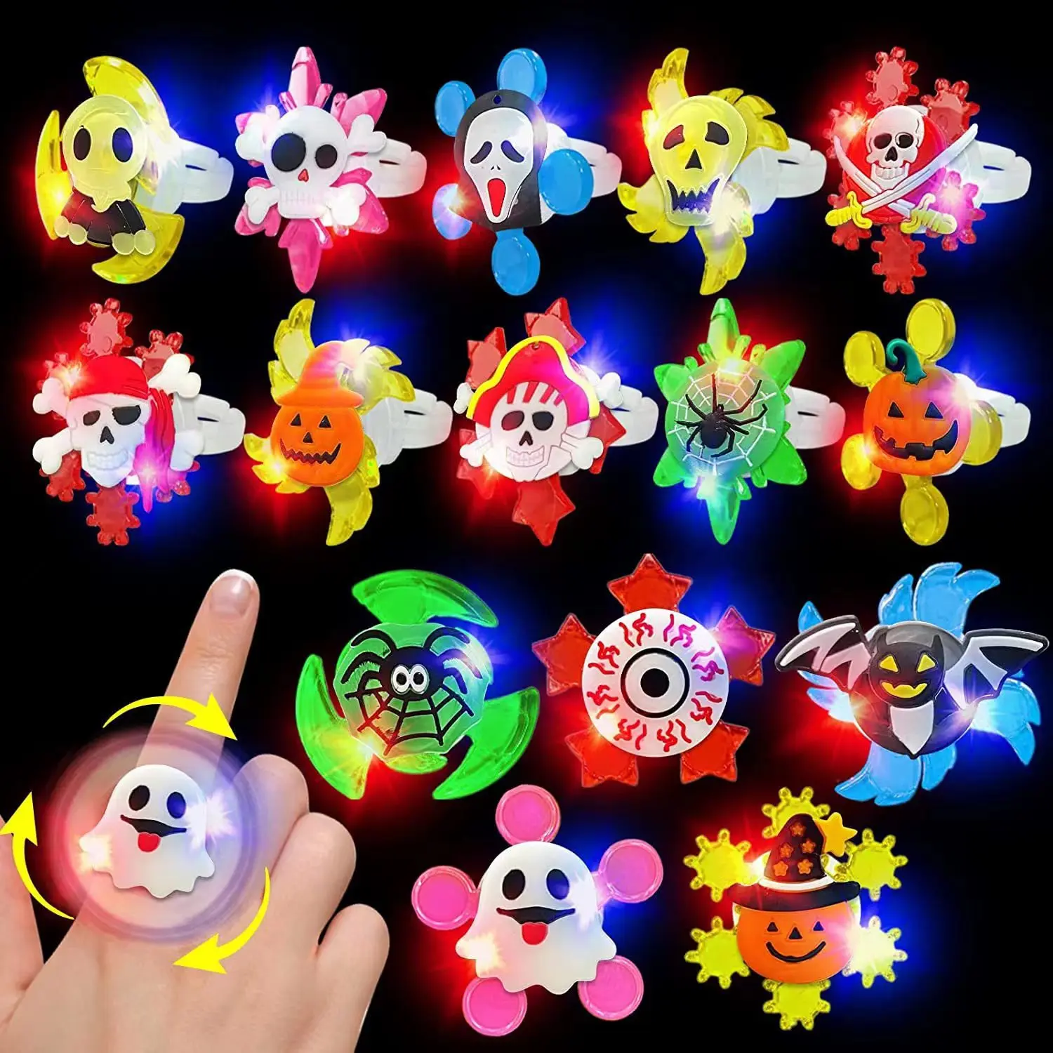 Customized LED Light Up Treat 3D Rings Toy Kids Adults Flashing Halloween Glow Rings