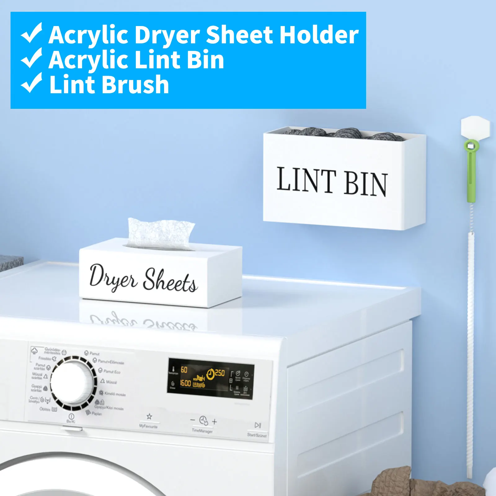Magnetic Lint Bin Storage with dryer sheet dispenser holder and Lint Brush Laundry Room Organization Set