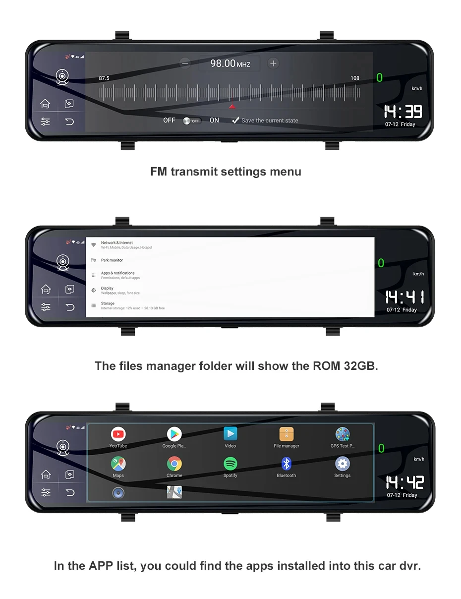 Z70 Android 8.1 2+32G Mirror Car DVR with 1080p Resolution WIFI GPS Navigation 12inch Touch Screen Remote on App 4G Black Box