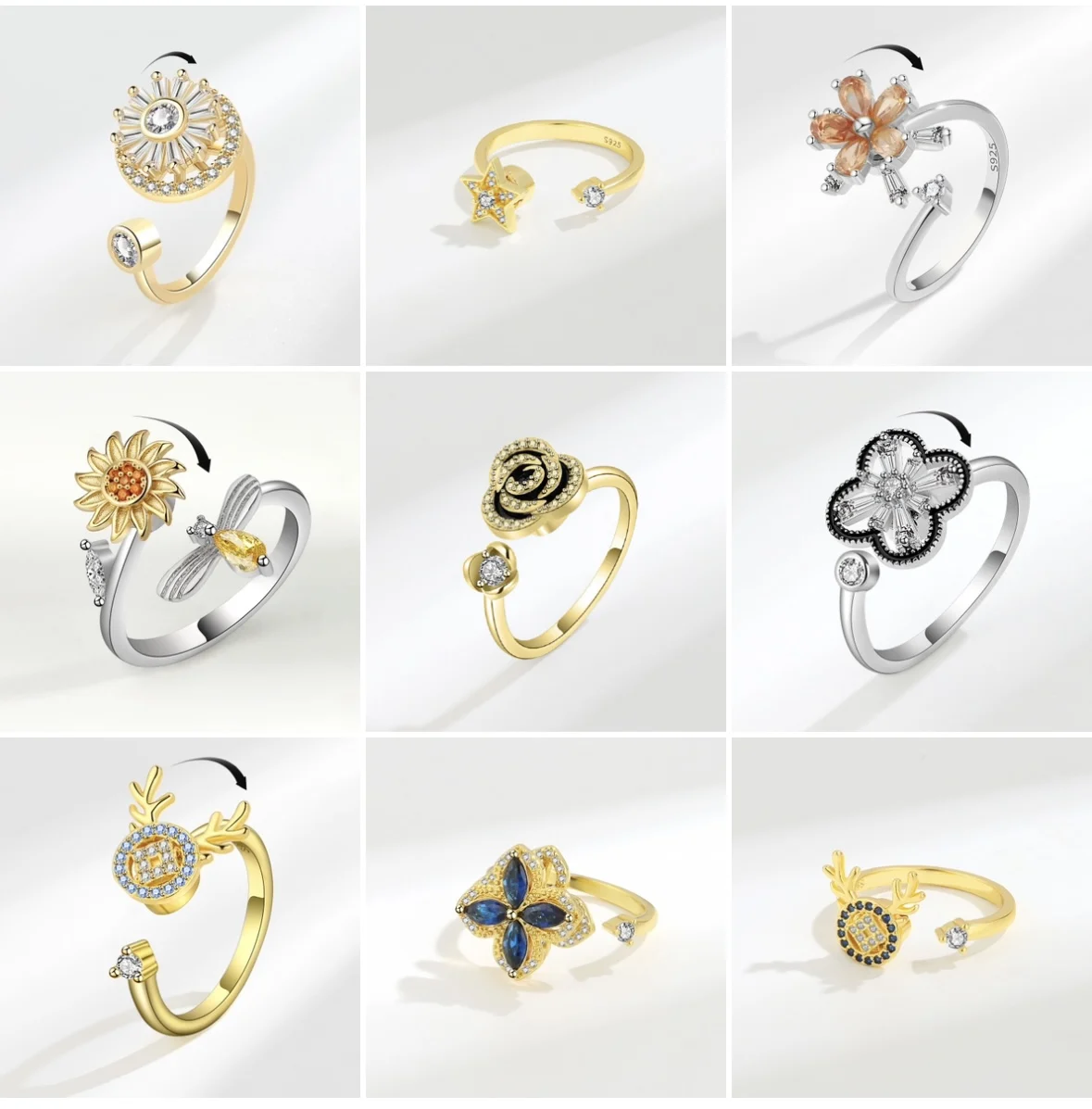 new design girls women ring jewelry gold plated custom rotating crystal adjustable fidget anxiety spinning ring