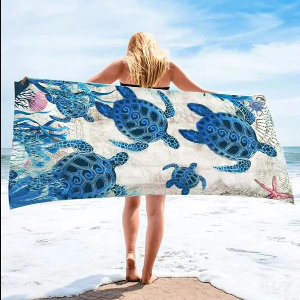 MU Unique design extra large custom print beach towel recycled turtle tropical blue colors personalised 420gsm beach towel
