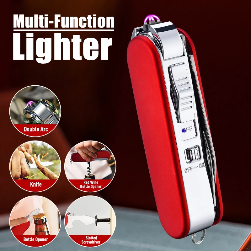 Multi-function USB Rechargeable Double Arc Lighter with Knife Opener Screwdriver Outdoor Metal Lighter