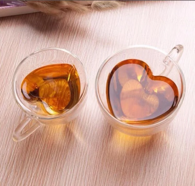 8.5 Ounces Borosilicate Heart Shaped Tea Cup Double Wall Insulated Clear Glass Tea and Coffee Cup
