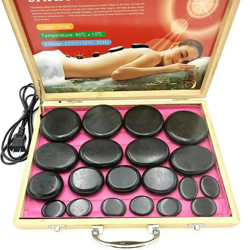 New Massage Product Bamboo Case Hot Stone Massage Set With heater 20 Pcs Healing Stones Pendant Blind Drop Shipping