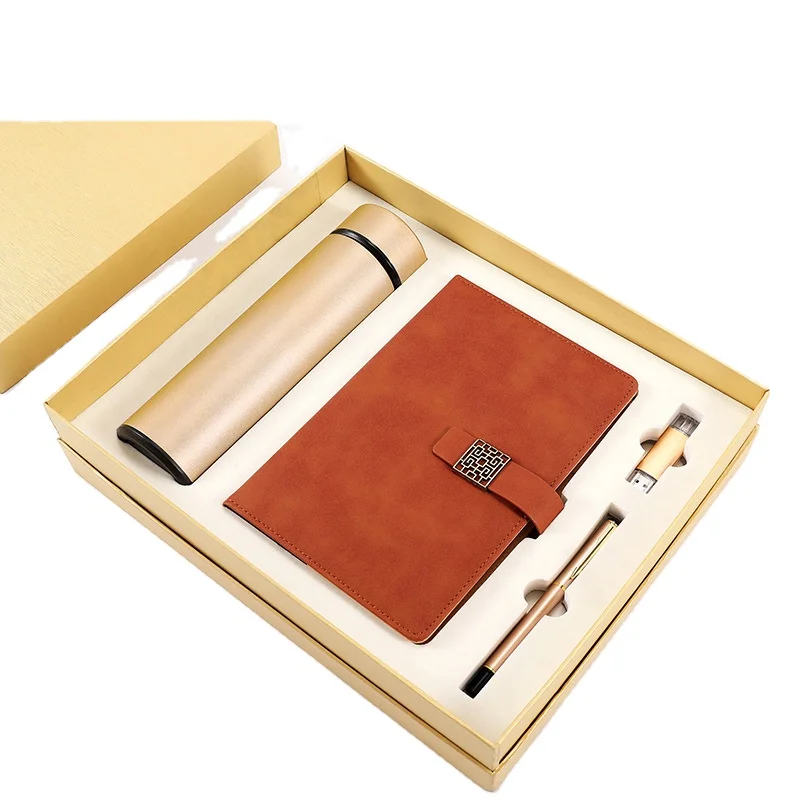 Business 4 piece gift sets usb flash drive & vacuum cup & pen and leather notebook with magnetic lock