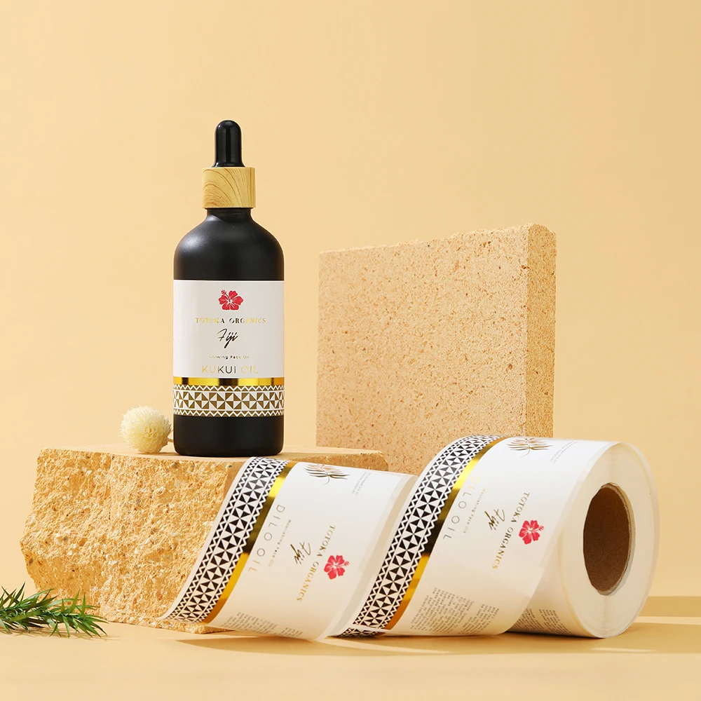 customized logo printing gold foil sticker self adhesive paper cosmetic bottle label waterproof stickers roll