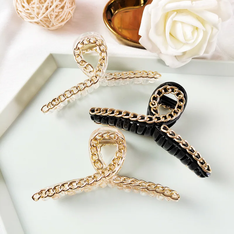 Fashon Girls Head Decoration Oversize Hair Clamps women plastic Claw hair jaw clip  with metal chain claw  hair clip