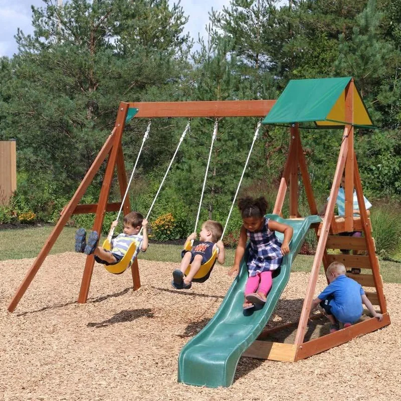 kids and children outdoor wood playground playhouse swings set with slide